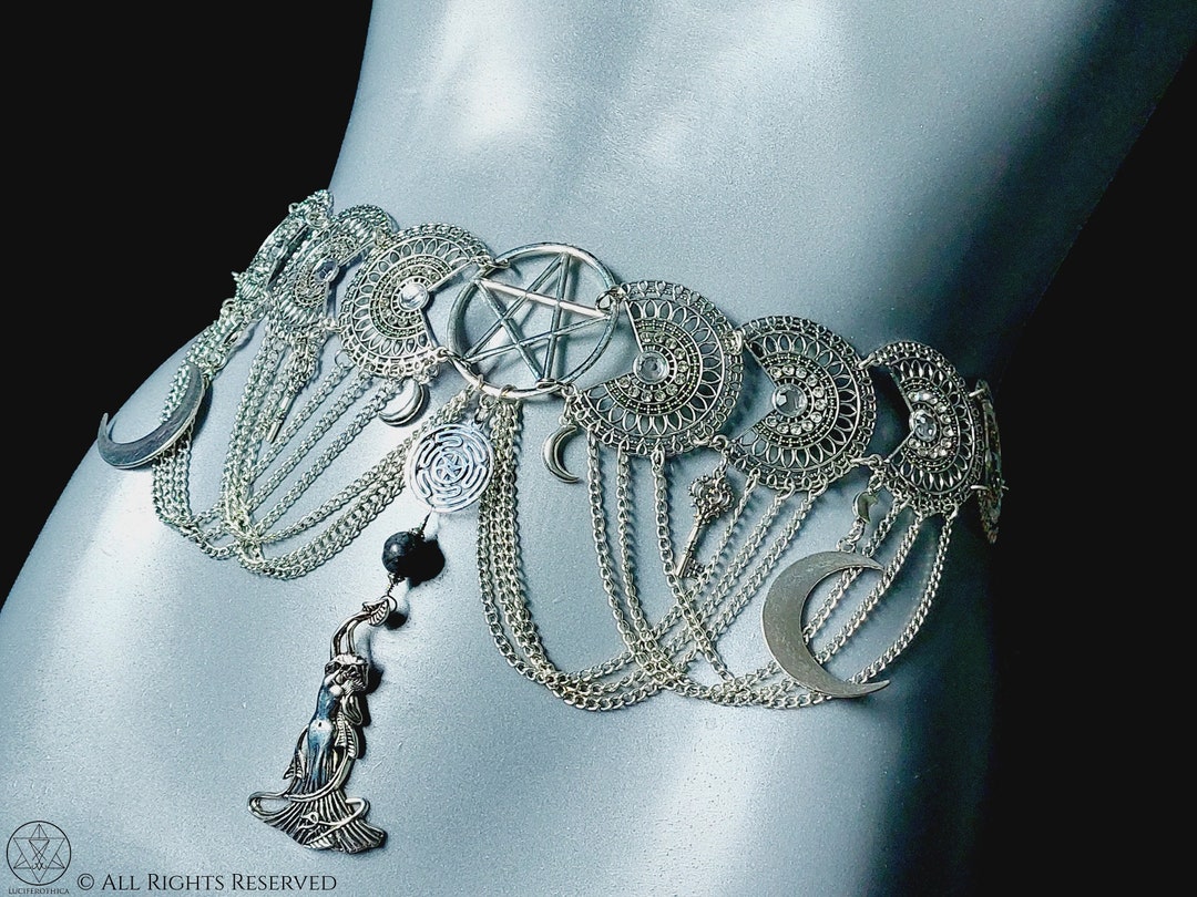 Hekate Hip Chain Belt Hecate Occult Goth Gothic Rhinestone Crescent Moon Key Chain Belt Belly