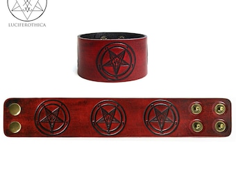 Red Leather Sigil of Baphomet Bracelet