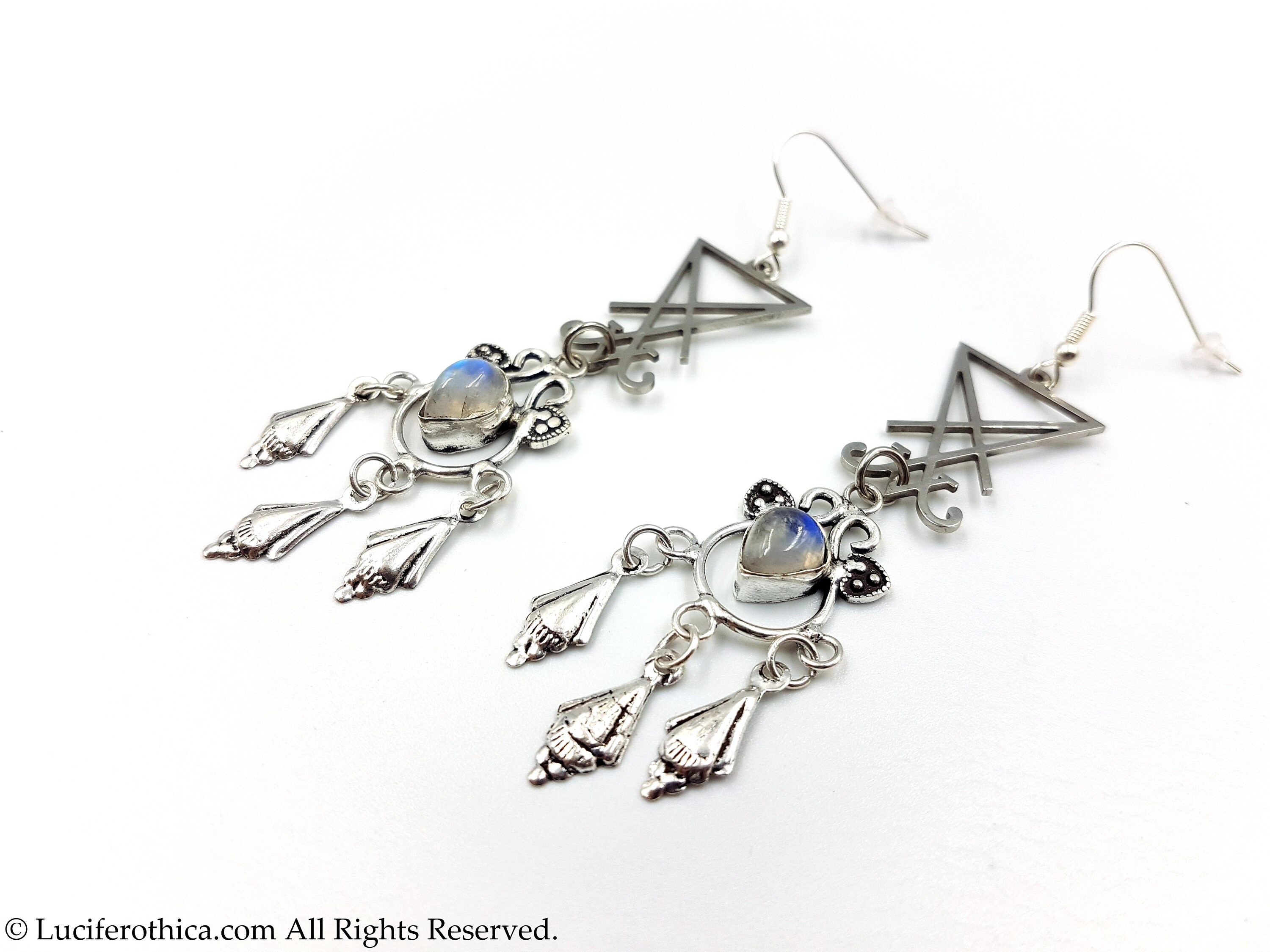 Sigil of Lucifer Earrings (Rainbow Moonstone)
