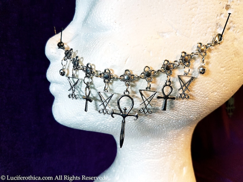 goth gothic occult nose jewellery nose piercing Vampire Ankh Sigil of Lucifer Nosechain