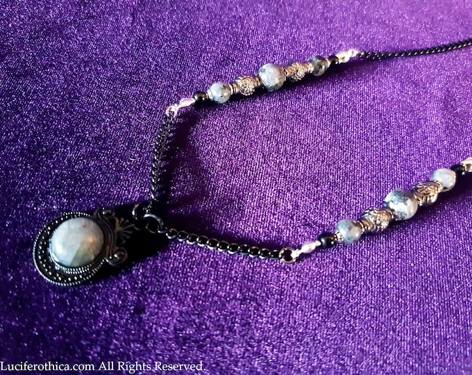 Labradorite Crystal Necklace - Gemstone Lab cabochon virotian gothic elegant beaded small tradgoth necklace wgt salem witch pendant gift