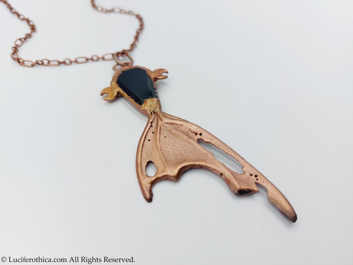 Decayed Bat Vampire Coffin Necklace With Onyx (electroformed Copper) - Gothic ...