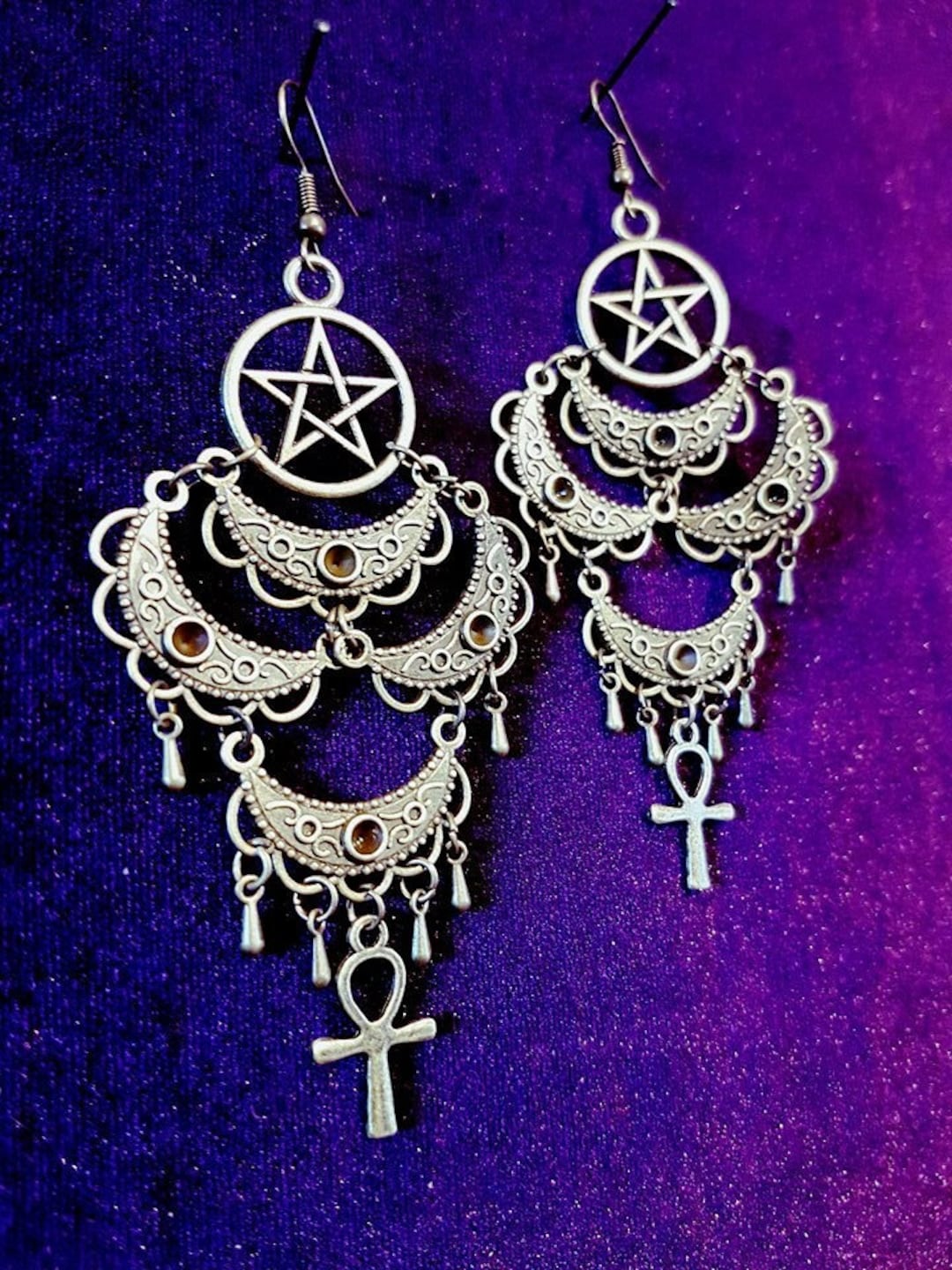 Moonlight Mysteries Sterling Silver Egyptian Ankh Pendant Necklace With Natural Garnet – Wiccan Pagan Pentacle Jewelry, 20"