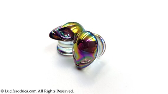 A Pair of Dichroic Glass Aqua Rainbow Iridescent Double Flared Plug
