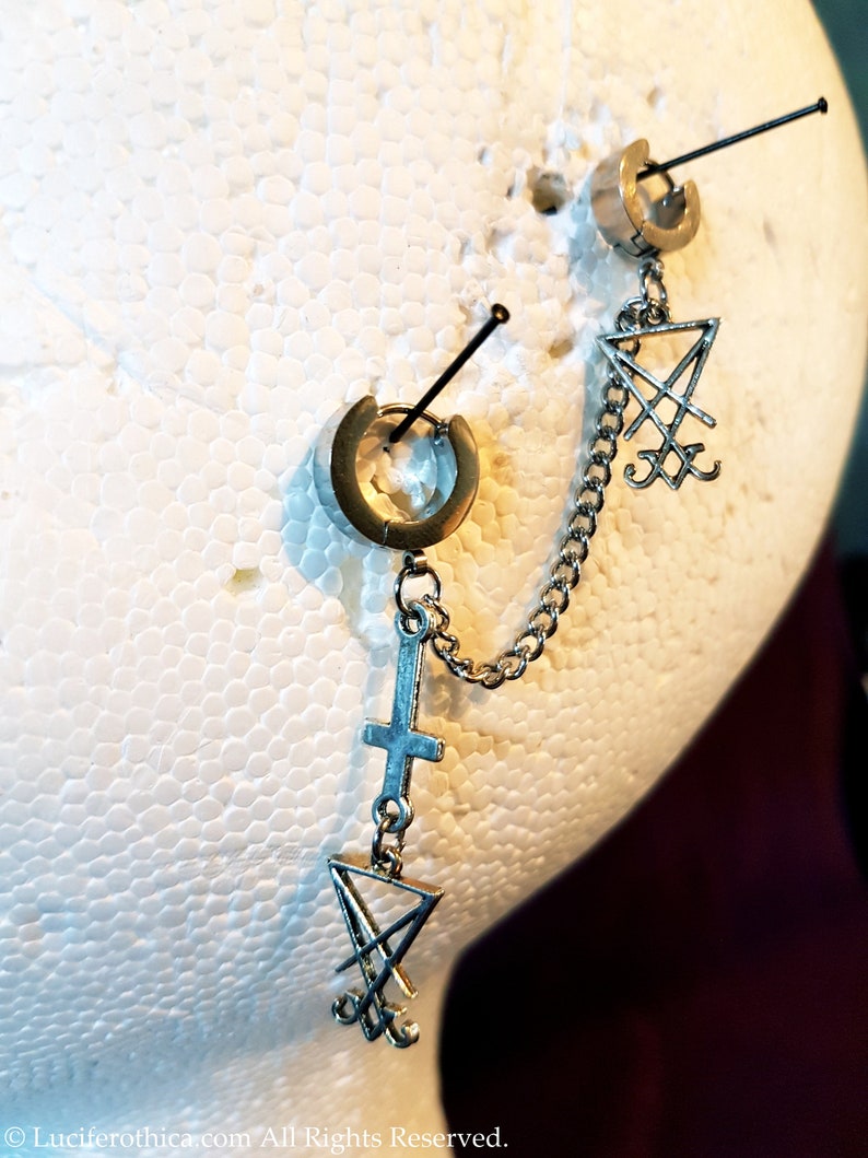 Inverted Cross Luciferian Double Earrings Gothic earrrings occult crucifix anti christ upside down cross sigil of lucifer
