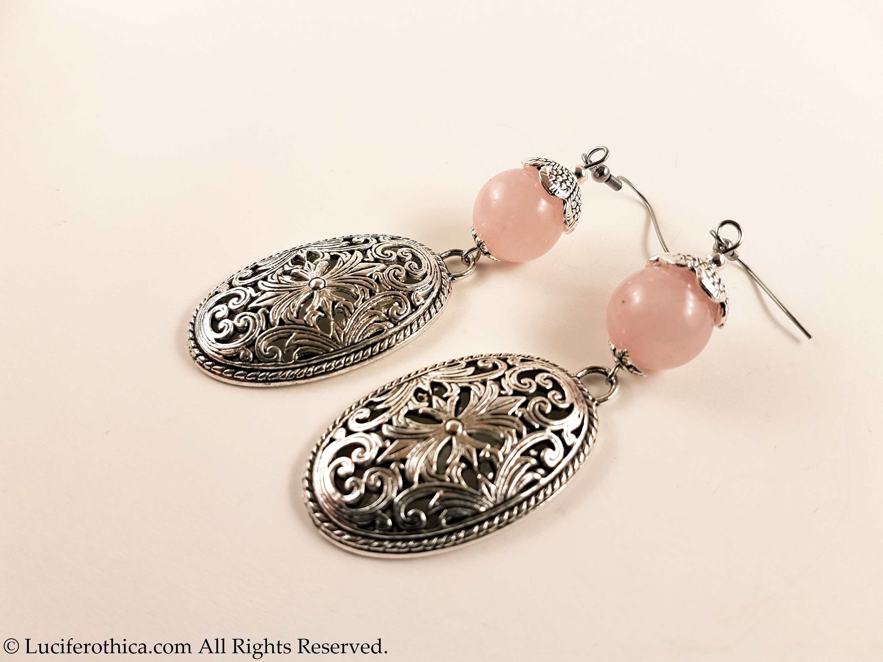 Rose Quartz Oval Ornament Earrings