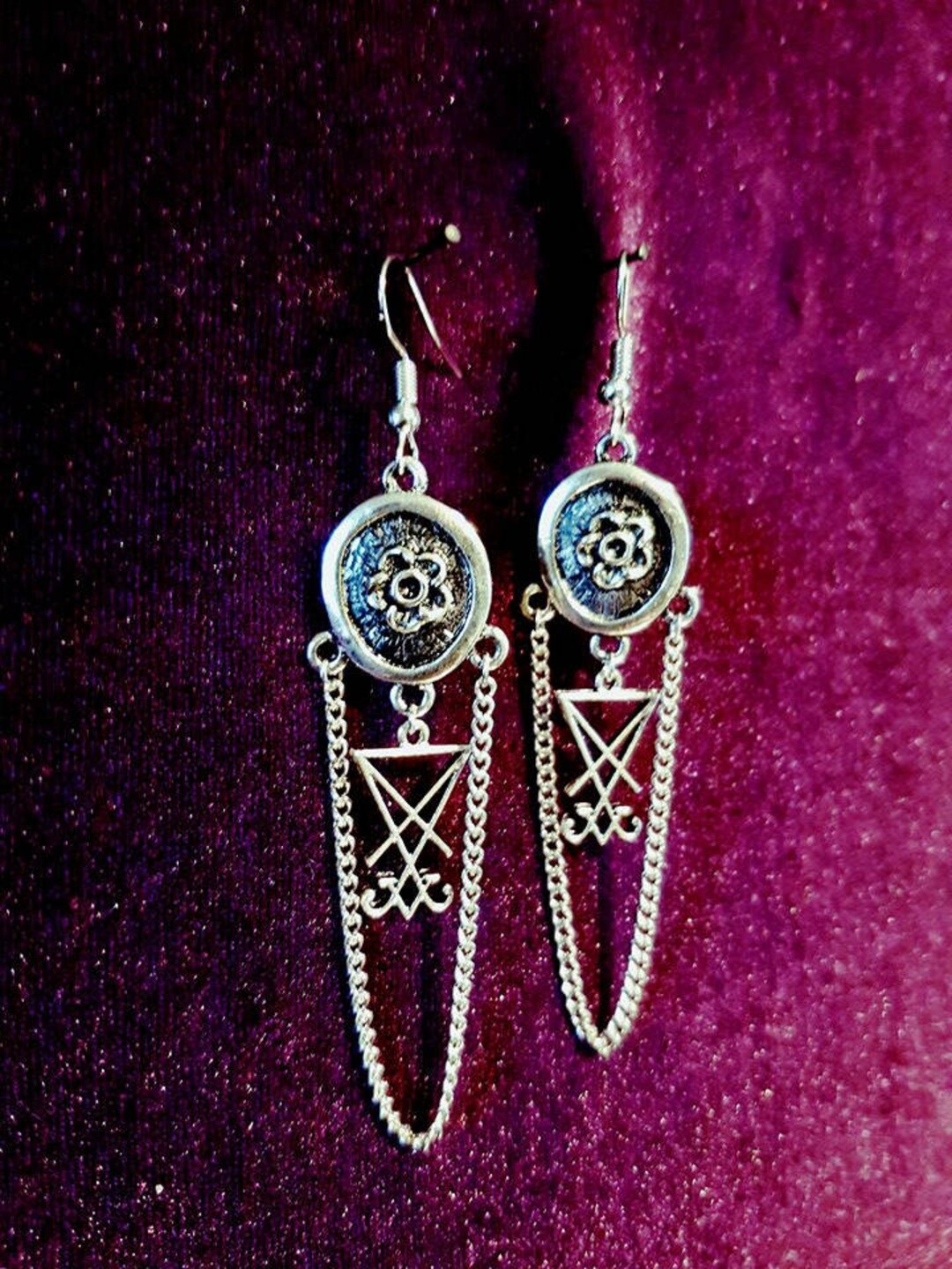 Lucifer Rava Chain Luciferian Earrings - Sigil of Lucifer Gothic Occult Elegant Rose Chain ...