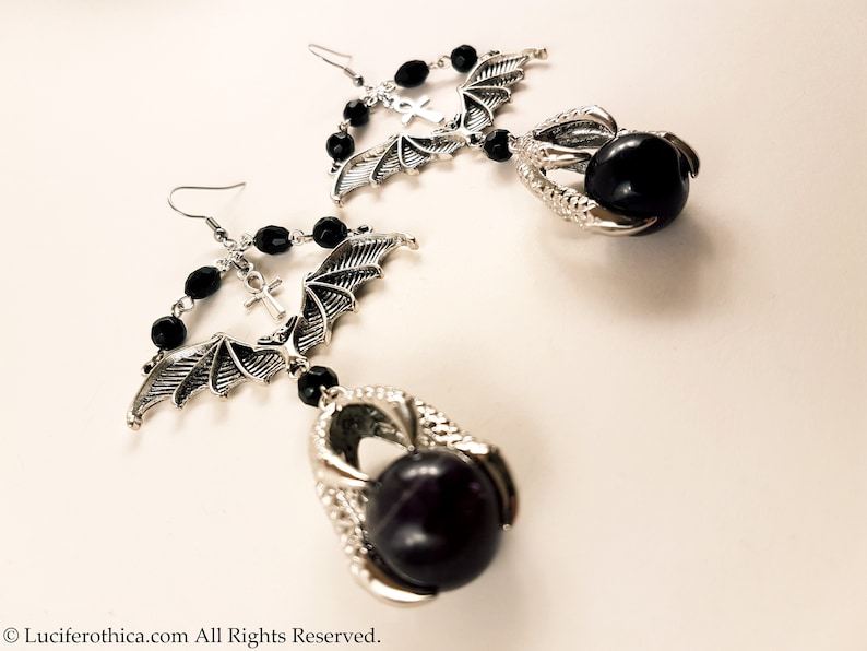 Vampire Bat Amethyst Claw Earrings gothic goth bat earrings witch skull ankh