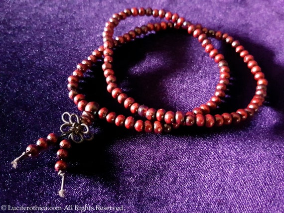 Red Sandal Wood Mala - Spiritual wooden rosary beaded mala necklace chanting meditation mantra praying prayercord jewelry gift