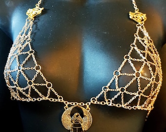 Egyptian Scarab Metal Bra - golden color metallic bra