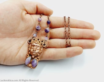 Electroformed Maya Necklace with Amethyst Crystals (Copper)