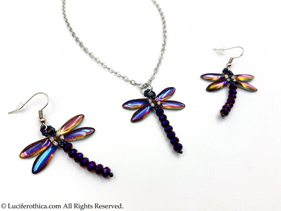Ensemble Bijoux Libellule Rose/violet - Collier Et Boucles D'oreille Mode