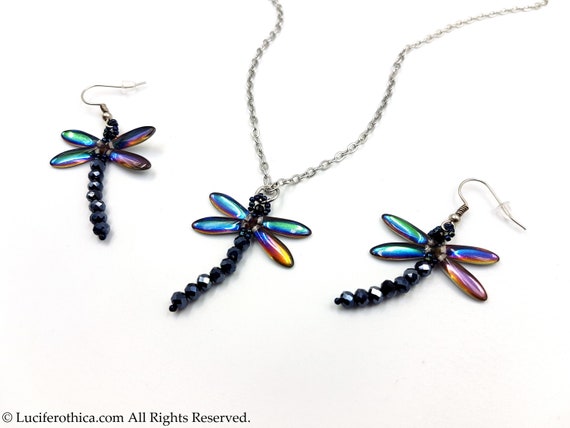 Rainbow Dragonfly Beaded Earrings & Necklace Set - Blue libel dragonfly jewelry shiny blue beads beading earrings fairy gift cosplay gothic