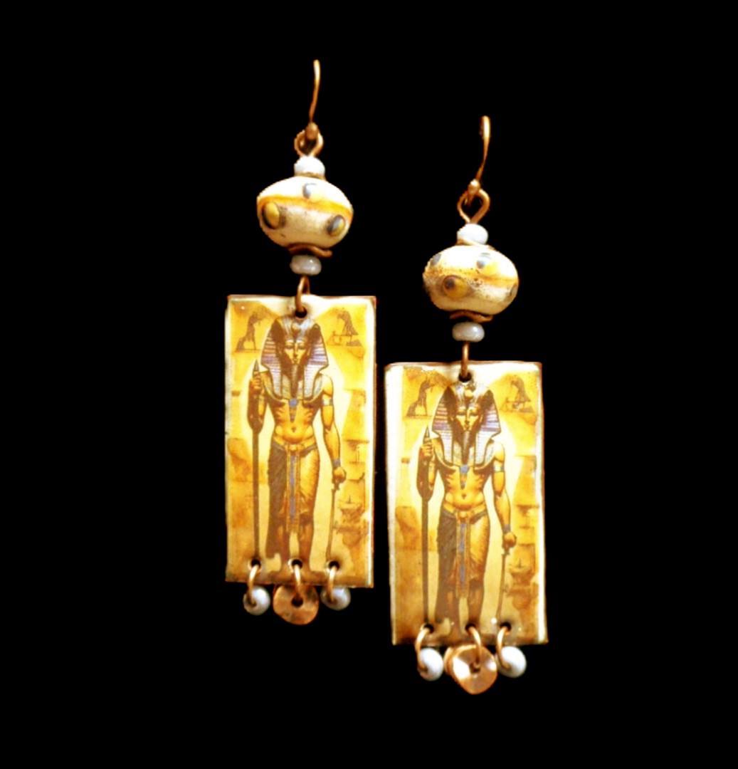 Boucles D'oreilles Pendantes Dorées à Motif Papyrus égyptien - Style Ethnique Ciselé Et Ajouré Pour Femme