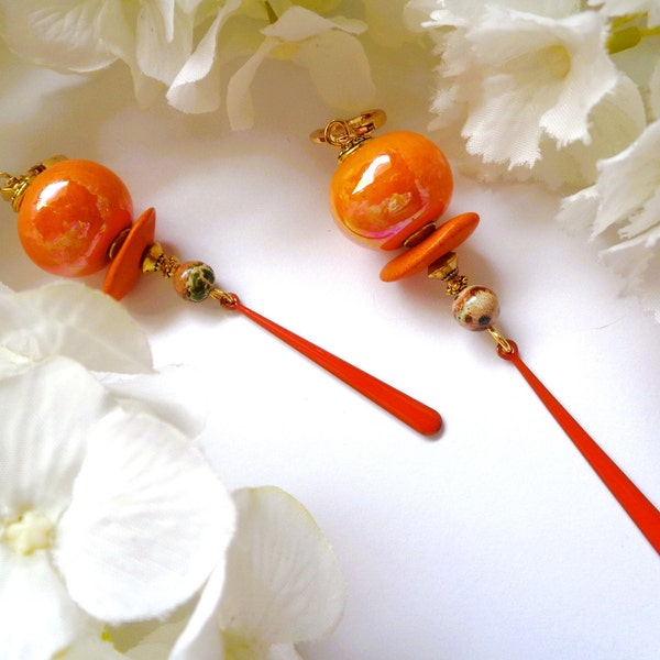 Boho ethnic chic earrings, burnt orange / antique gold, Greek ceramic / jasper / enamel, H = 9cm, steel support of your choice