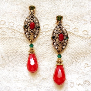 Viktorianska retroörhängen, flerfärgad strassmarkis, röd droppe, valfria örhängen, L= 55MM