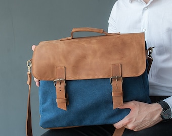 Canvas messenger bag men,Satchel messenger bag,Shoulder bag with leather accents,Leather laptop bag men,Shoulder bag for men