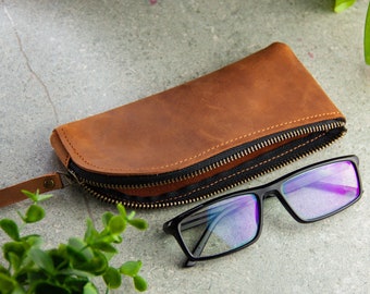 Leather Glasses Case, Reading Glasses Case,Pencil Case, Leather Sunglass, Case Leather, Brown Leather Glasses Case