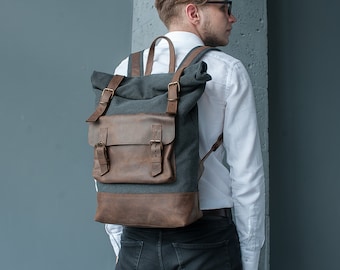 Leather backpack,Canvas backpack men,Large backpack,Men rucksack,Men leather rucksack,Macbook backpack,Simple rucksack,Roll top rucksack