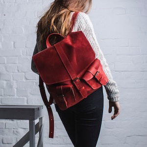 Red leather laptop women bags, Red leather rucksack, Women leather rucksack, Hipster red rucksack, soft leather backpack, handmade backpack