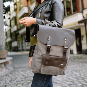 Sac à dos en cuir et toile, sac à dos cartable, sac à dos pour ordinateur portable pour l'école, sac à dos universitaire 16 pouces, sac à dos de travail, grand sac à dos fait main