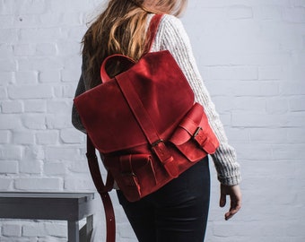 Red leather laptop women bags, Red leather rucksack, Women leather rucksack, Hipster red rucksack, soft leather backpack, handmade backpack