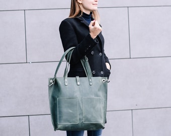 Leather tote bag for women with zipper, Laptop tote bag for women, Tote bag with pockets, Green tote leather, Large tote bag