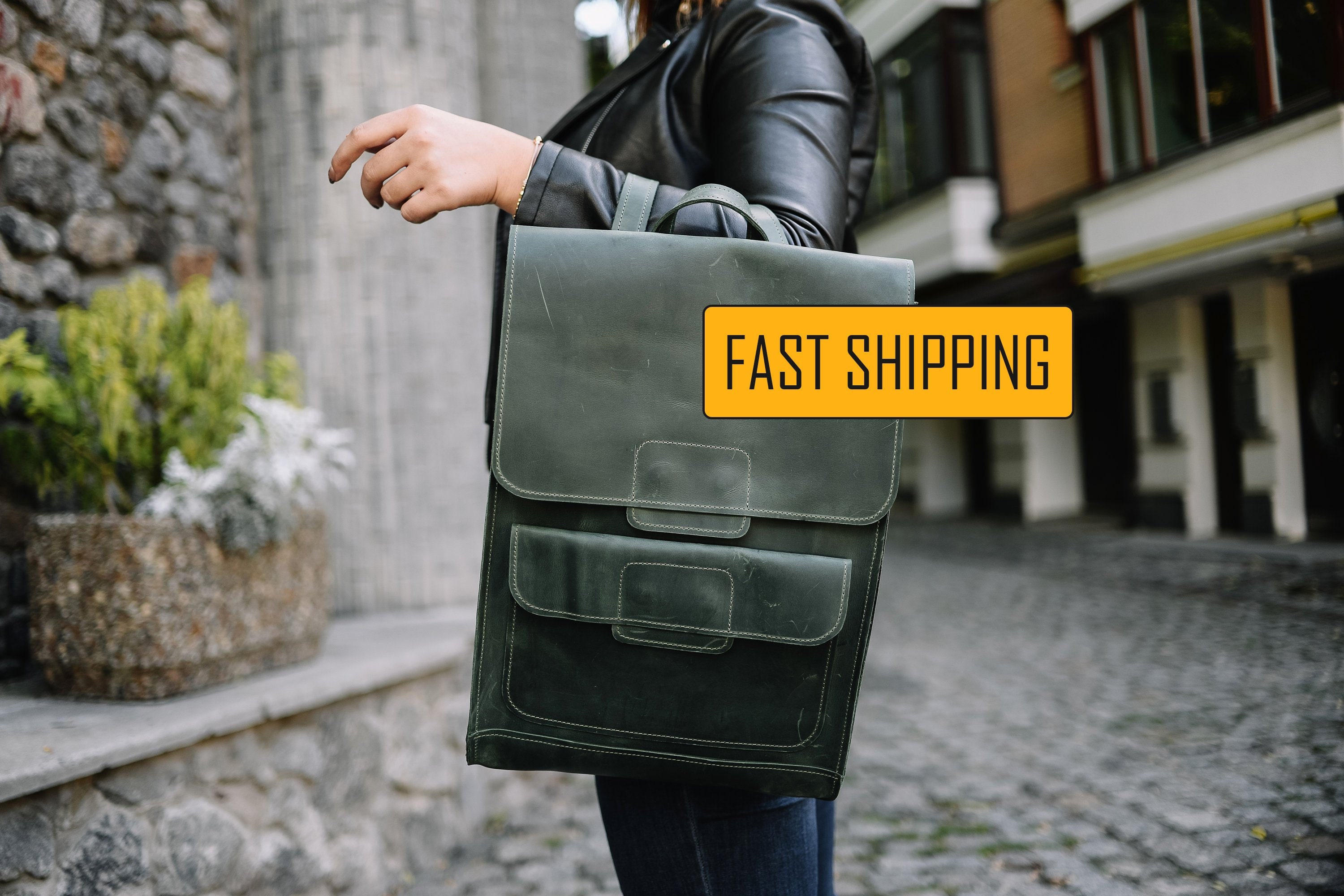 EvE Leather Backpack High Quality Green Adjustable Large School Office Bag 150917-2824-FRONT-3.jpg main image 2