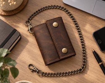 Leather chain wallet handmade, Leather biker wallet men, Small leather wallet, Personalized leather chain wallet, Leather card wallet
