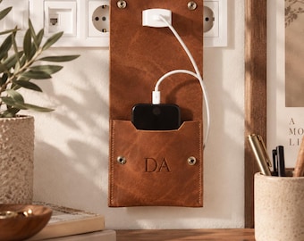 Leather wall charger holder, Wall mount charger holder, Leather charging station, Leather charging case, Hanging charging station