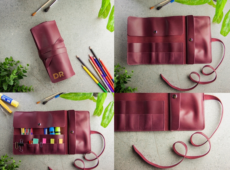 Leather pencil roll,Leather pencil case,Pencil wrap,Pen roll,Leather pen case,Pen pouch,Leather pencil case monogram,Letaher tool roll image 3