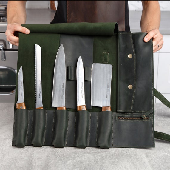 Carbon Steel Chef Knife Set With Rolling Leather Bag Green