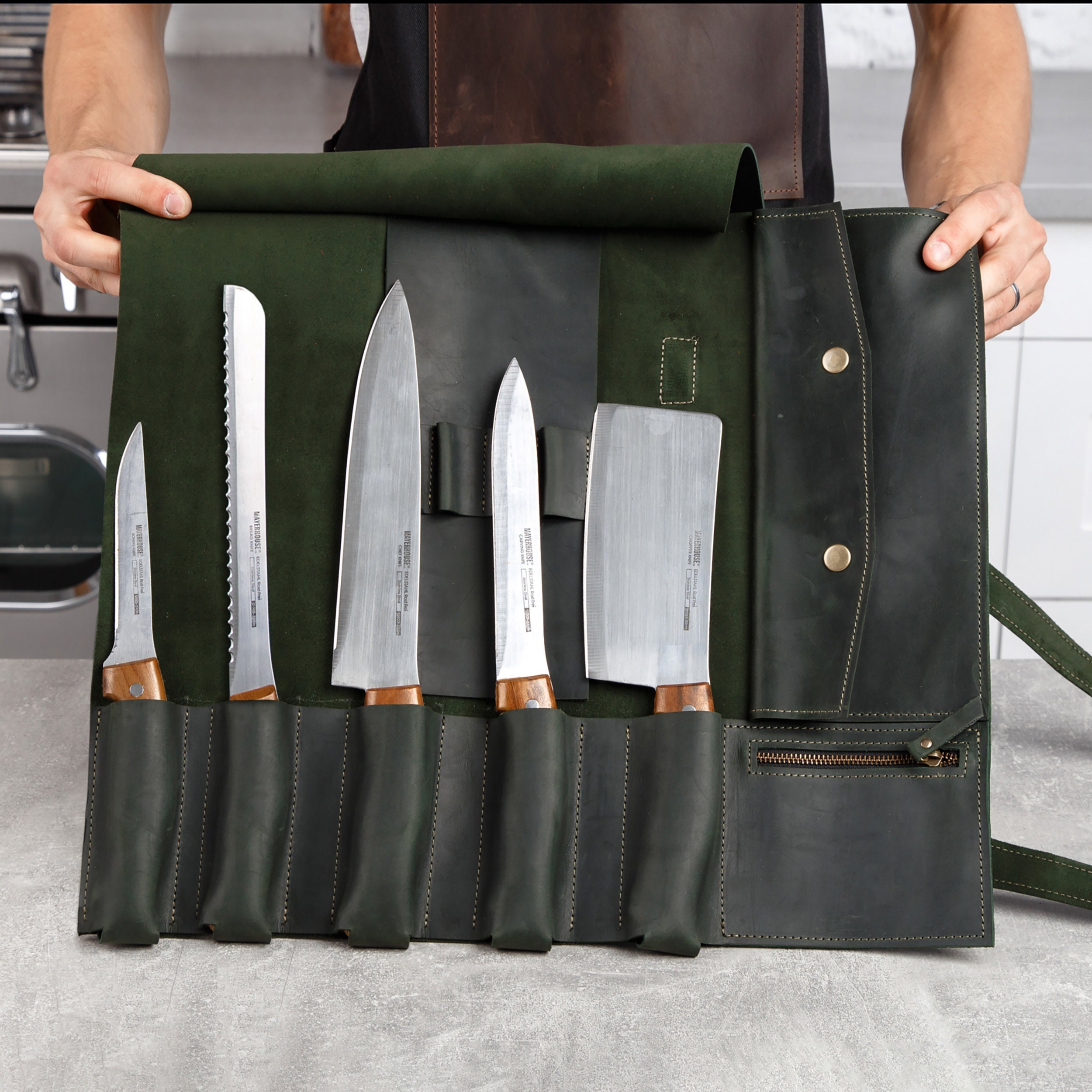 Chef's Knife Roll, 10 Pocket Canvas and Leather Knife Bag