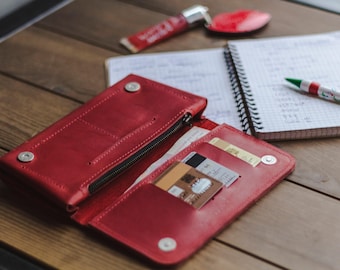 Cartera de piel para mujer, Cartera de piel roja, Cartera de piel personalizada con grabado, Cartera de piel roja para mujer con tarjetero, Cartera de piel fina