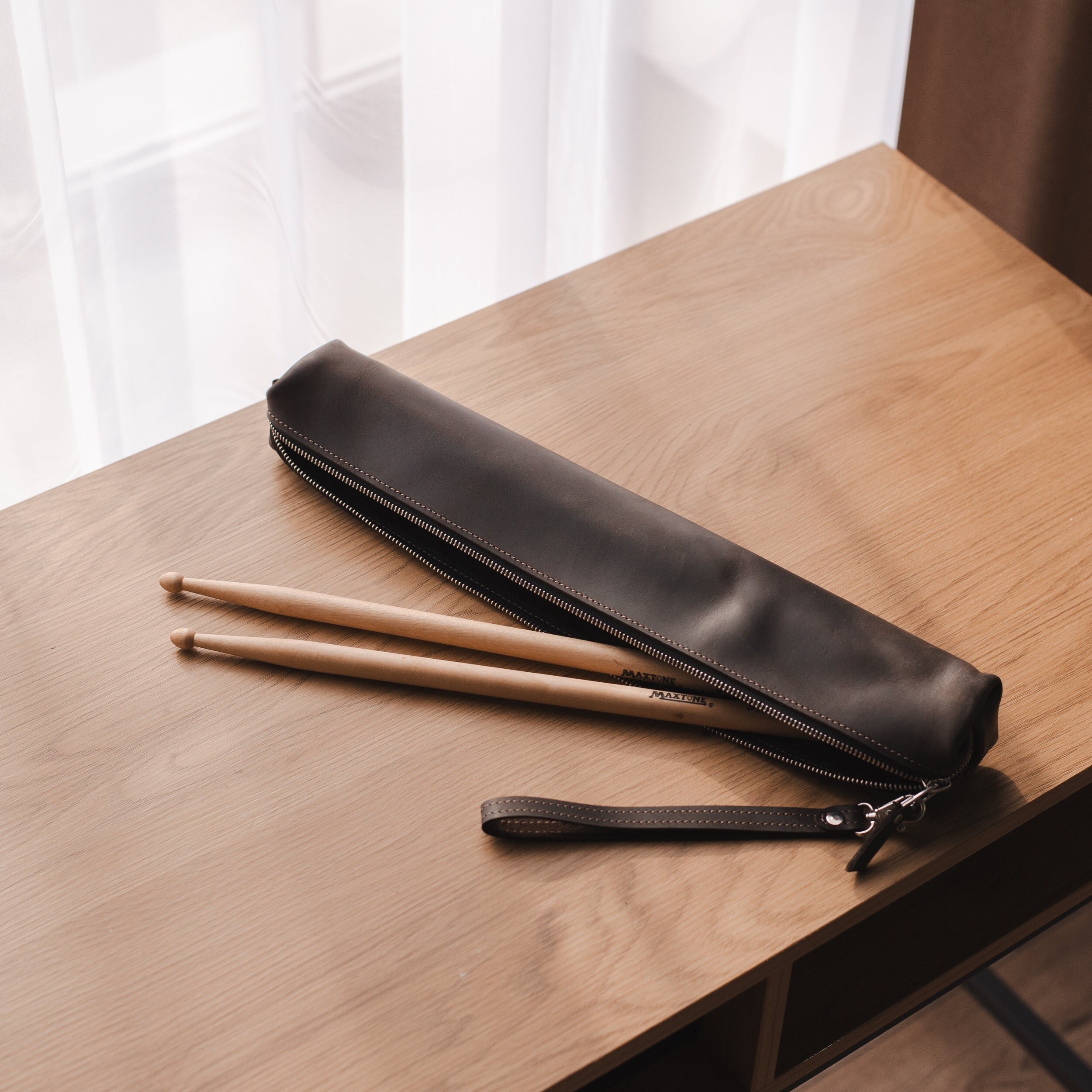 Leather drumstick bag with zipper, Personalized drumstick holder, Leather drumstick case, Drumstick pouch, Engraved drumstick holder