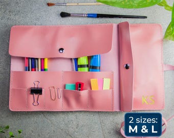 Pink leather pencil roll,Leather pencil case roll,Personalized gifts for artist,Leather brush roll up,Leather artist roll,Paint brush roll