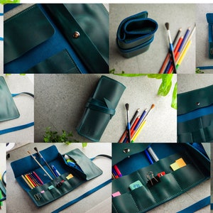 Leather pencil roll,Leather pencil case,Pencil wrap,Pen roll,Leather pen case,Pen pouch,Leather pencil case monogram,Letaher tool roll Light blue