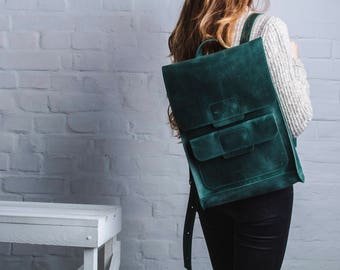 Grote groene rugzak, laptoprugzak, universiteitsrugzak, leren rugzak dames, vintage rugzak, dagelijkse rugzak, groene rugzak cadeau