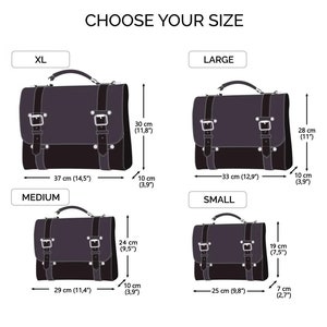 K&ouml;nnte beinhalten: Diagramm mit vier verschiedenen Gr&ouml;&szlig;en von schwarzen Ledertaschen mit Metallschnallen. Die Gr&ouml;&szlig;en sind mit XL, Gro&szlig;, Mittel und Klein gekennzeichnet. Die Ma&szlig;e sind in Zoll und Zentimetern angegeben.