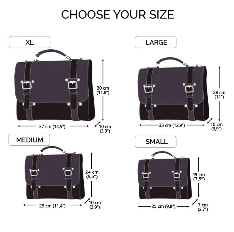 K&ouml;nnte beinhalten: Diagramm mit vier verschiedenen Gr&ouml;&szlig;en von schwarzen Ledertaschen mit Metallschnallen. Die Gr&ouml;&szlig;en sind mit XL, Gro&szlig;, Mittel und Klein gekennzeichnet. Die Ma&szlig;e sind in Zoll und Zentimetern angegeben.