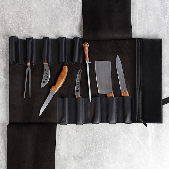 Funda cuero artesanal para 7 cuchillos de cocina, color negro