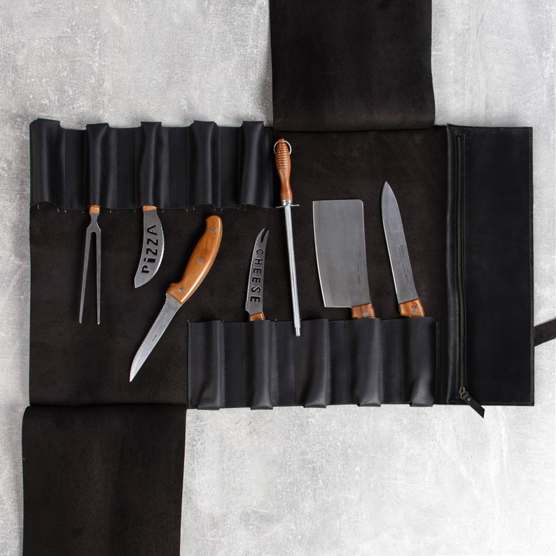 Leather tool roll,Chef knife roll,Knife roll,Leather knife roll,Knife case leather,Chef knife roll bag with 10 slots,Chef gift for him image 1