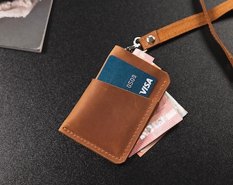 Tarjetero de cuero con cordón, Tarjetero de cuero, Billetera de cuero para identificación, Billetera de cuero para tarjetas, Cordón de cuero para identificación, Porta credencial personalizado