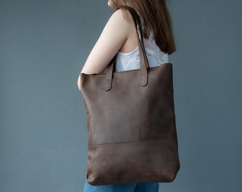 Brown leather tote,Large leather tote,Brown tote,Tote bag with zipper,Distressed leather,Leather tote women,Leather satchel,Laptop bag women