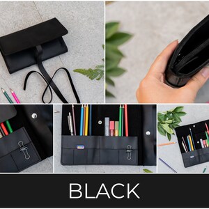May include: A black roll-up pencil case featuring multiple interior slots for organising writing instruments, a secure snap button closure, and a long strap for wrapping. The case is shown in various states of use, holding coloured pencils and pens.