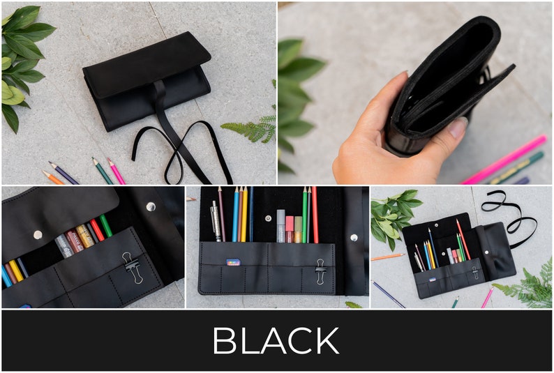 May include: A black roll-up pencil case featuring multiple interior slots for organising writing instruments, a secure snap button closure, and a long strap for wrapping. The case is shown in various states of use, holding coloured pencils and pens.