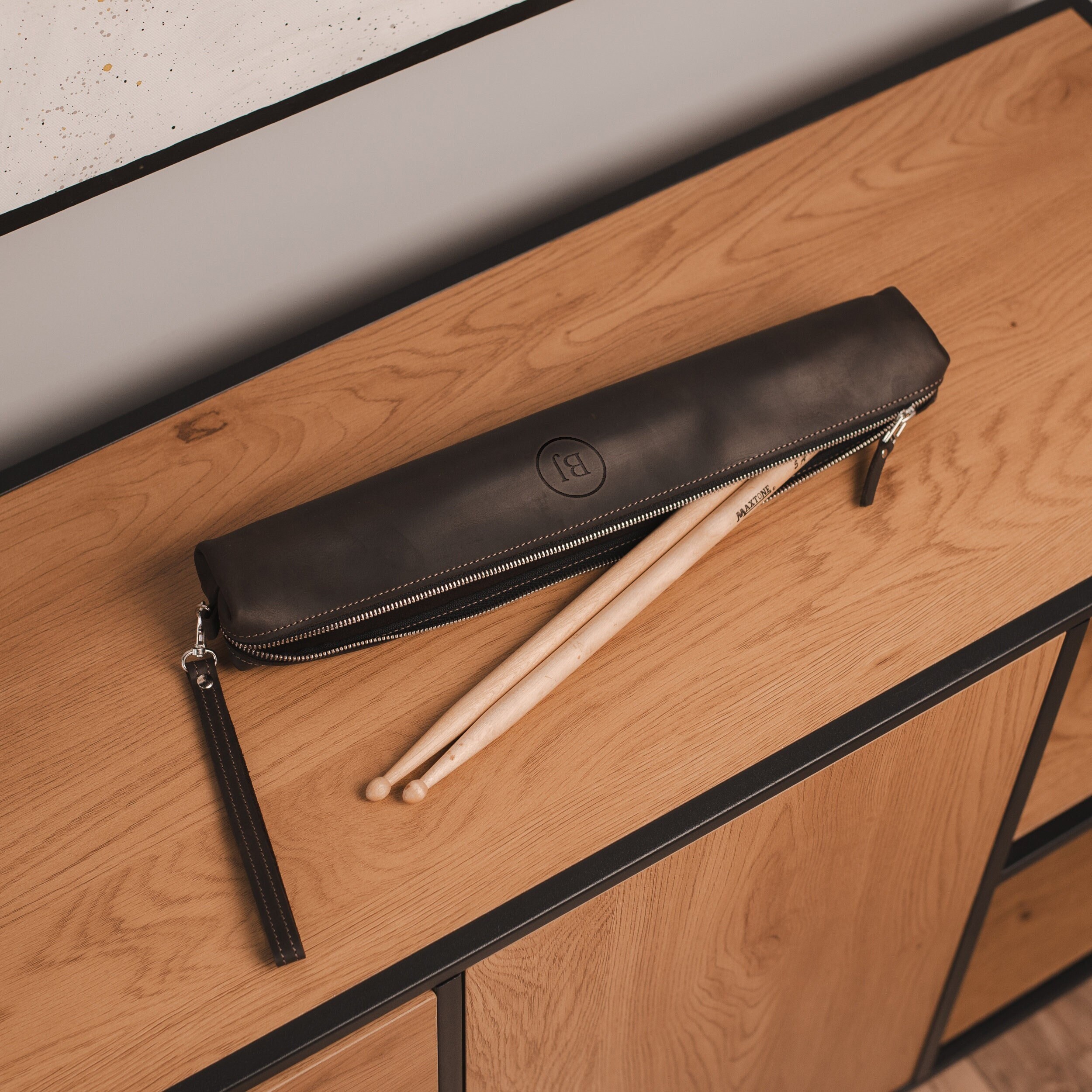 Étui à Baguettes Personnalisé En Cuir - Nom Gravé, Pour Batteurs, Dragonne Détachable, 60 Cm, Cadeau Musicien