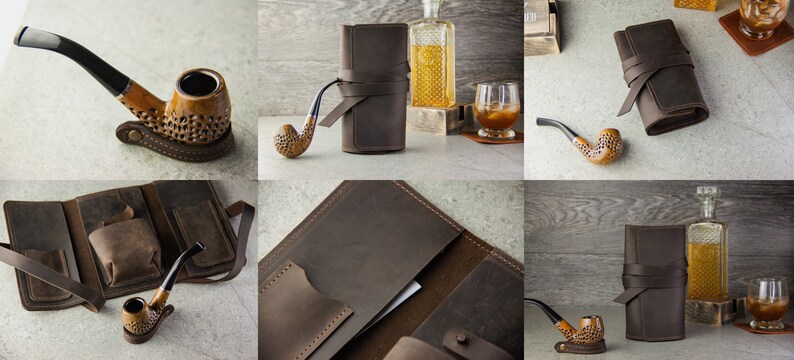May include: A brown leather pipe and tobacco pouch with a wooden pipe and a brown leather strap. The pouch has multiple pockets and compartments for storing tobacco, a pipe, and other accessories.