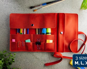 Pencil and pen roll with pocket, Pencil case, Pencil pouch, Pen case, Pencil roll, Leather pencil case, Leather pen roll, Artist roll gift