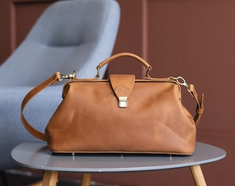 Leather doctor bag, Brown medical bag, Leather handbag for women, Doctor style handbag, Large medical bag, Leather medical bag
